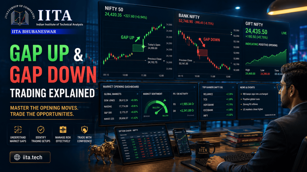A gap up occurs when a stock or index opens significantly higher than the previous day's close, creating a visible gap on the chart. A gap down is the opposite. Gaps happen due to overnight news, global market movements, or event reactions. Common gap strategies include gap-and-go (trading in the gap direction) and gap fill (trading the retracement back to the previous close).